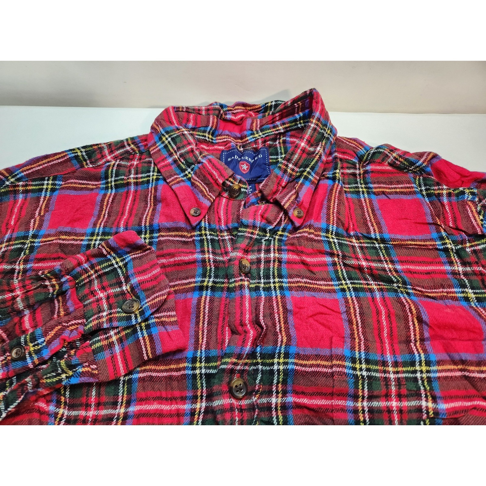 Saddlebred Mens Red Plaid Flannel Shirt Button Down Long Sleeve Size L