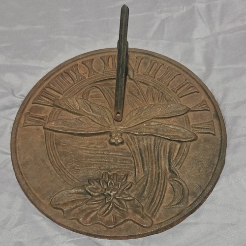 Round Dragonfly Garden Sundial, Bronze Patina Metal, Roman Numerals