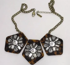 Antiqued Gold Tone Baublebar Tortoise & Rhinestone Medallion Statement Necklace 