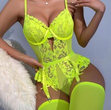 2025 Hot Sale Fluorescent Green Woman Sexy Lingerie Dress with Stocking Bodysuit