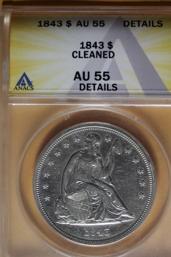 1843 ANACS AU55 DETAILS CLEANED SEATED LIBERTY ONE DOLLAR #B43123