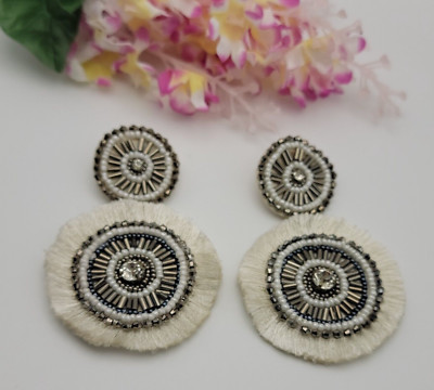 Double Circle Beaded Fringe Earrings White Crystal Sequin Faux Pearl 3.5 Inch