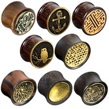 8 to 22mm Flesh Tunnel Plug Wood Brass Ear Piercing Gold Brown Design Z511