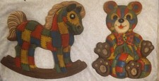 Midcentury Set of 2 Foam Craft Rocking Horse Teddy Bear Nursery Wall Hangings