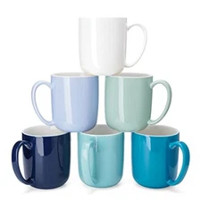 PORCELAIN MUGS for Coffee Tea Cocoa Set of 6 Cool Assorted 20oz 3.7" SWEESE 