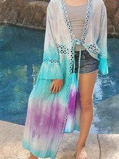 Maya Antonia Hand Tie-Dye Aqua-Purple Maxi Beach Cover-Up,Kimono/Duster/Cardigan