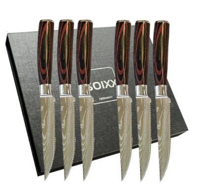 SOIXX Steakmesser 6-teilig Set,  Edelstahl, Gezackte Klinge, Holzgriff, Geschenk