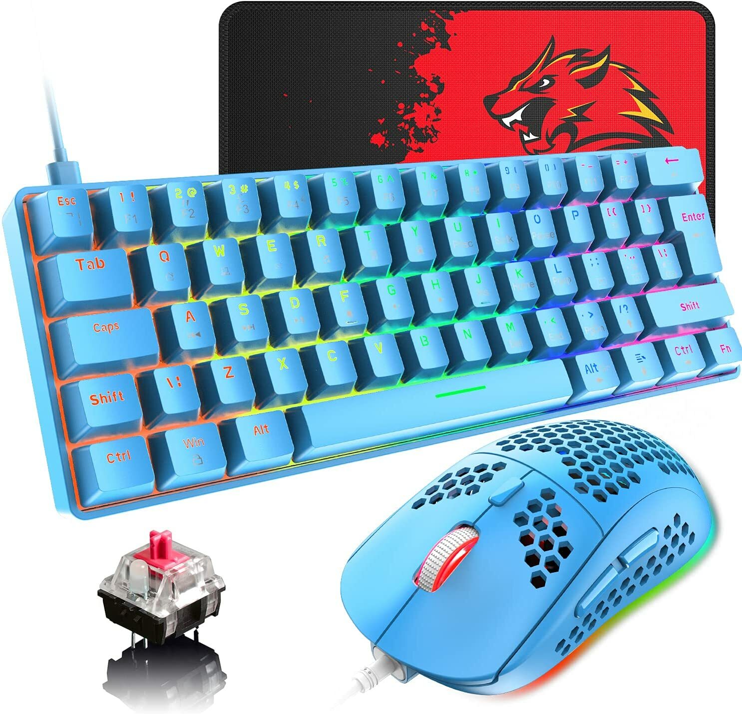 60% Wired Mechanical Gaming Keyboard and Mouse with USB-C Rainbow Backlit 6400 DPI Precision-image