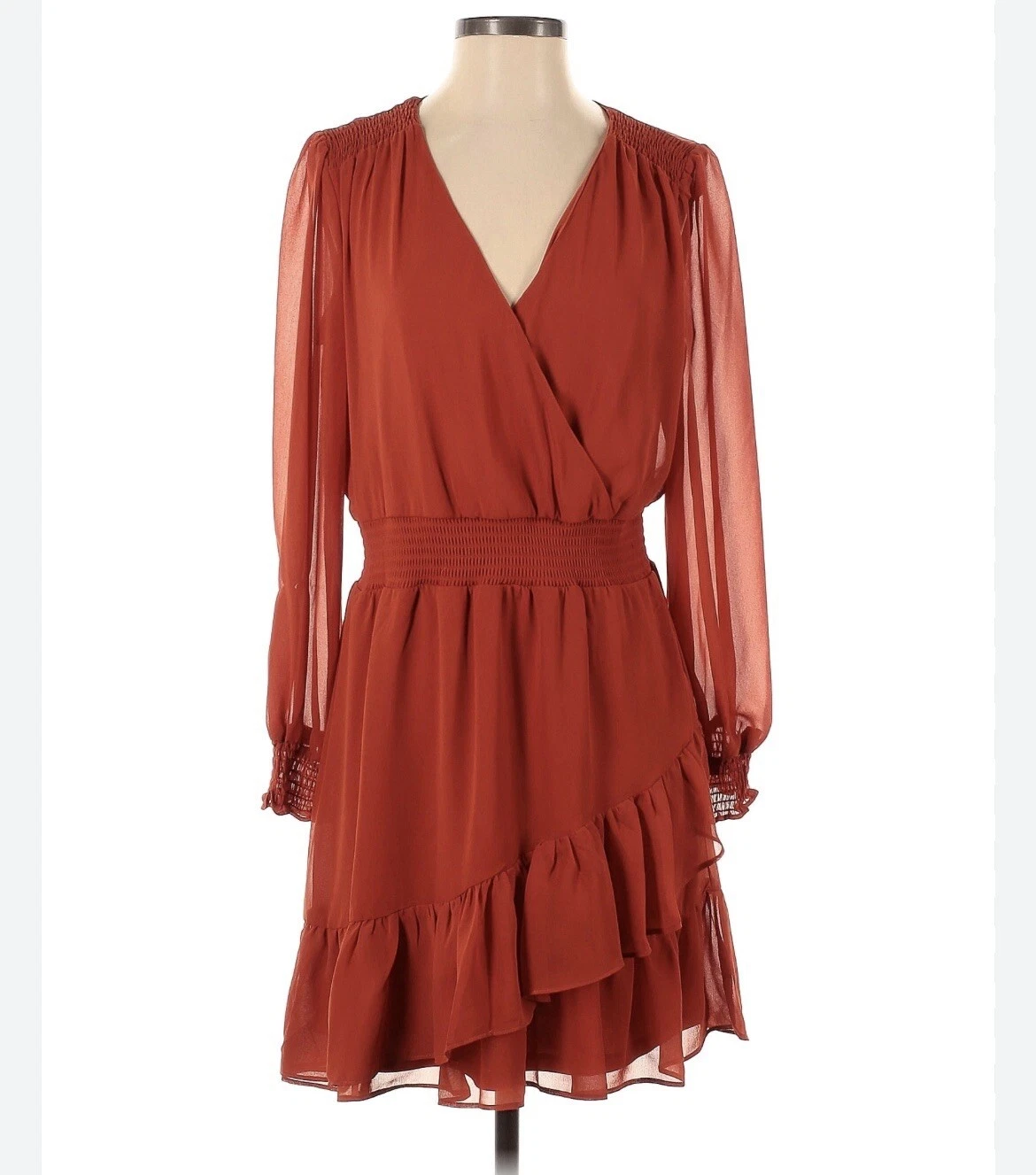 VINCE CAMUTO Dress Sz S Long Sleeve Split V-Neck Tiered Shift Burnt Orange Boho