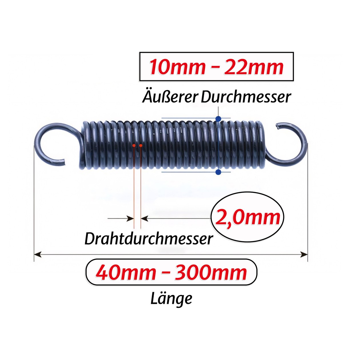 Zugfeder Draht Durchmesser 2,0mm Verlängern Feder 65Mn Stahl 40mm-300mm Länge