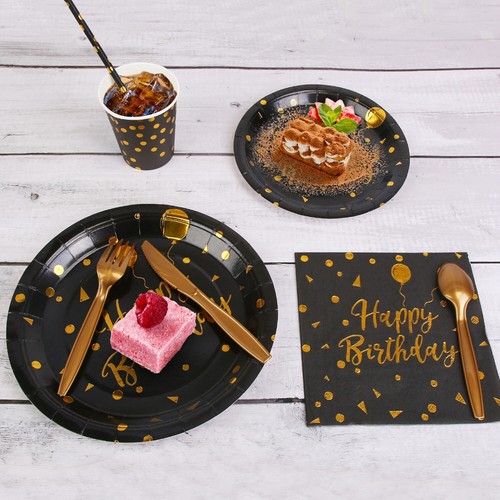 Black And Gold Disposable Dinnerware Set 25 Guests Plates for Birthday Party - Picture 10 of 14