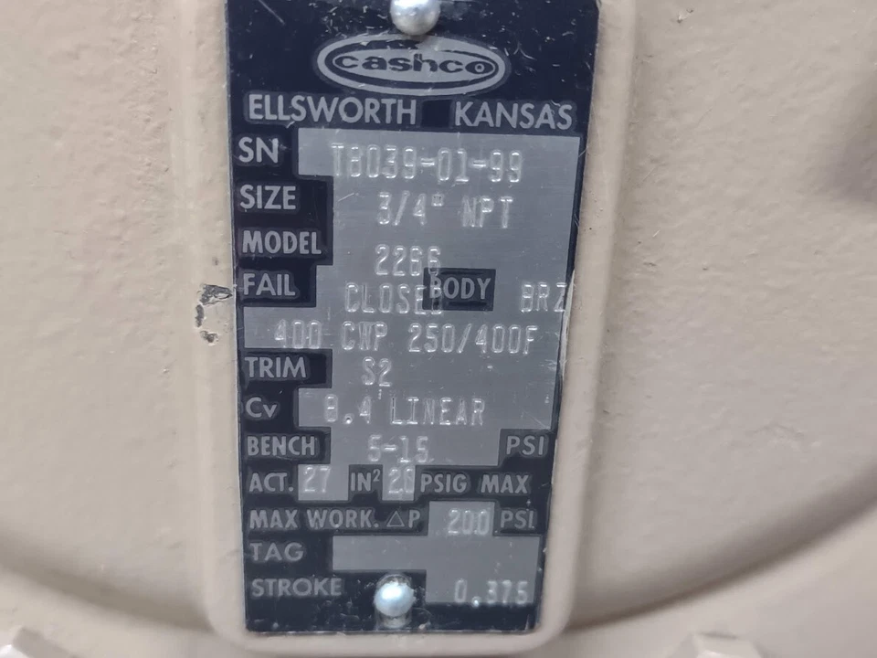 Cashco 3/4" NPT Valve 2266 T8039-01-99 Bronze 400 CWP 250/400F S2 5-15 PSIG - Image 3 of 4