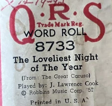 QRS Word Roll THE LOVELIEST NIGHT OF THE YEAR J. L. Cook 8733 Player Piano Roll