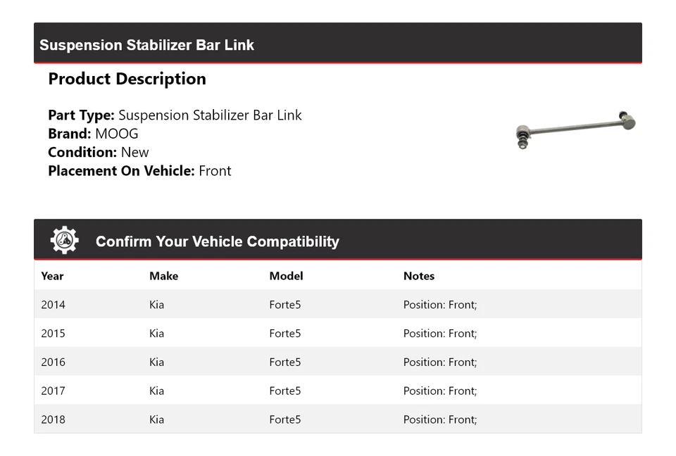 Barra estabilizadora de suspensión delantera MOOG 2014-2018 para Kia Forte5 2014-2018 Foto 2 de 4