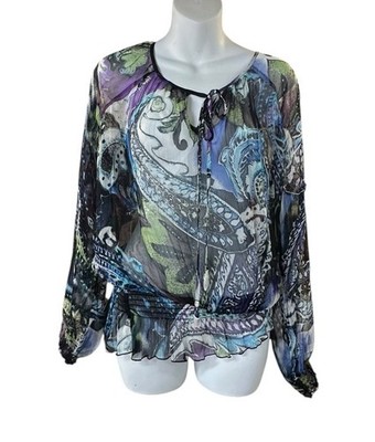 Vintage Cache Sheer Paisley Peasant Blouse Boho Top Drawstring Multicolor L
