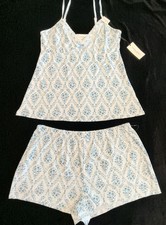 Laura Ashley Blue/White Floral Knit Cami  Shorts Pajama Set Lace Trim Size L/G