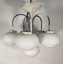 LAMPADARIO A SOSPENSIONE 5 LUCI VETRO METALLO CROMATO DESIGN ANNI 70 LAMP GLASS