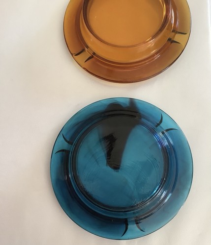 Cobalt & Amber (2)Round Glass 4” Ashtrays VTG 3slots MCM(163ia) - Picture 4 of 6
