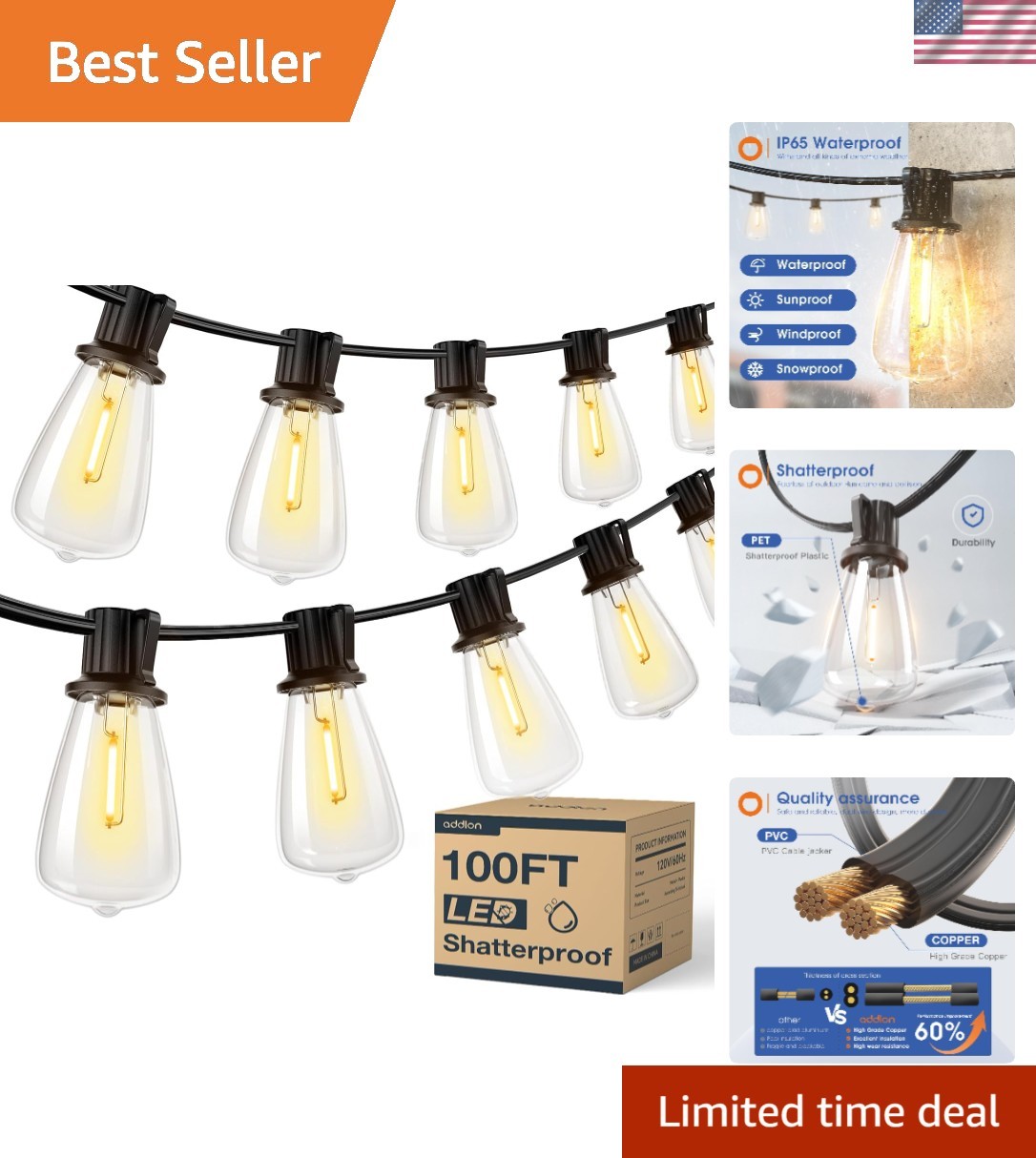 100FT Dimmable Shatterproof LED Outdoor String Lights - Energy Efficient