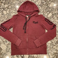 Pink By Victoria's Secret Maroon Zip Up Hoodie Size S Script 86 On Sleeve