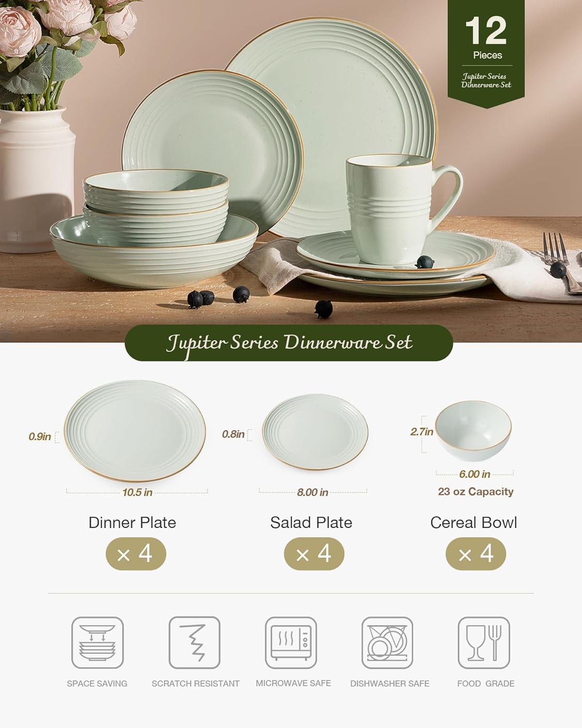 Famiware Jupiter Dinnerware Set, Plates and Bowls 4-Set(12pcs), Light Green 