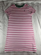Polo Ralph Lauren Pink White Striped Knit Green Pony Shirt Dress Girls L 12 14