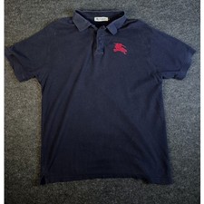 Burberry London Men's Navy Blue Pique Polo Shirt Red Logo Preppy Size L