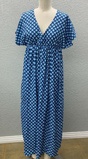 Misslook Maxi Dress Women's M Blue Check Elastic Waist Short Sleeve 48'' Long