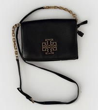 Tory Burch Britton Combo Crossbody Black Pebbled Leather Bag Gold Logo Chain