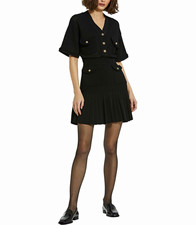 Mac Duggal Black V-Neck Short Sleeve Knit A-Line Pleated Button Dress M