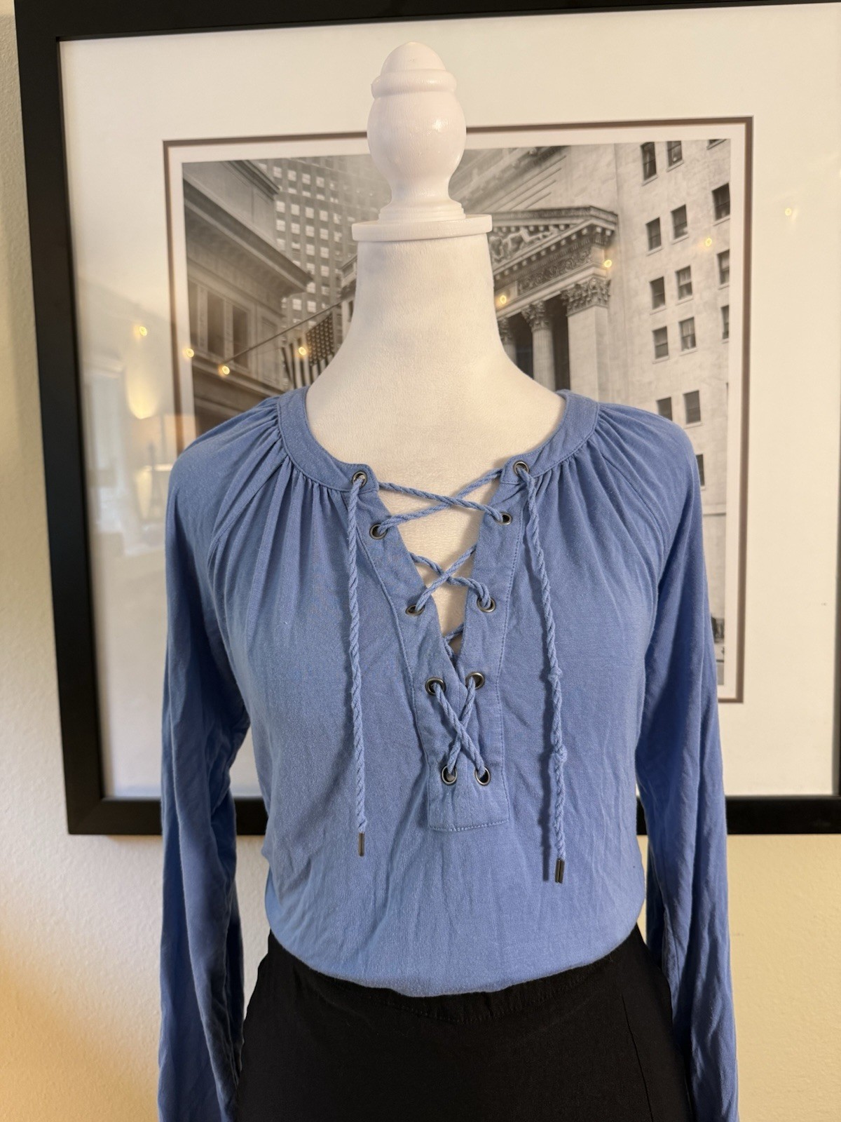 Chaps Denim Women’s Blue Lace Up Boho Peasant Top Long Sleeve Casual Size S image 2