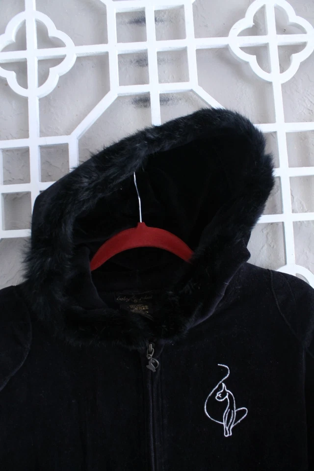 Mono vintage Baby Phat para mujer XL negro terciopelo cremallera retro imitación piel capucha 36W Foto 2 de 4