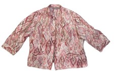 Chico s Linen Printed Open Front 3/4 Sleeves Jacket Blazer Pink White Sz L