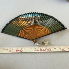Vintage Wooden  Paper Hand Fan Fold Up 1930-1940s Japan Landscape