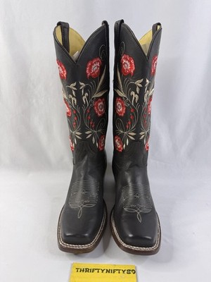 El General Women's Brown Leather Boots Red Rose Embroidery Clean VGC Size 9