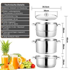 Mega-M Dampfentsafter 8 L Edelstahl – Für Saft, Gemüse, Fisch & Fleisch, Mit Glasdeckel, Induktionsgeeignet, Vielseitiger Dampfgarer