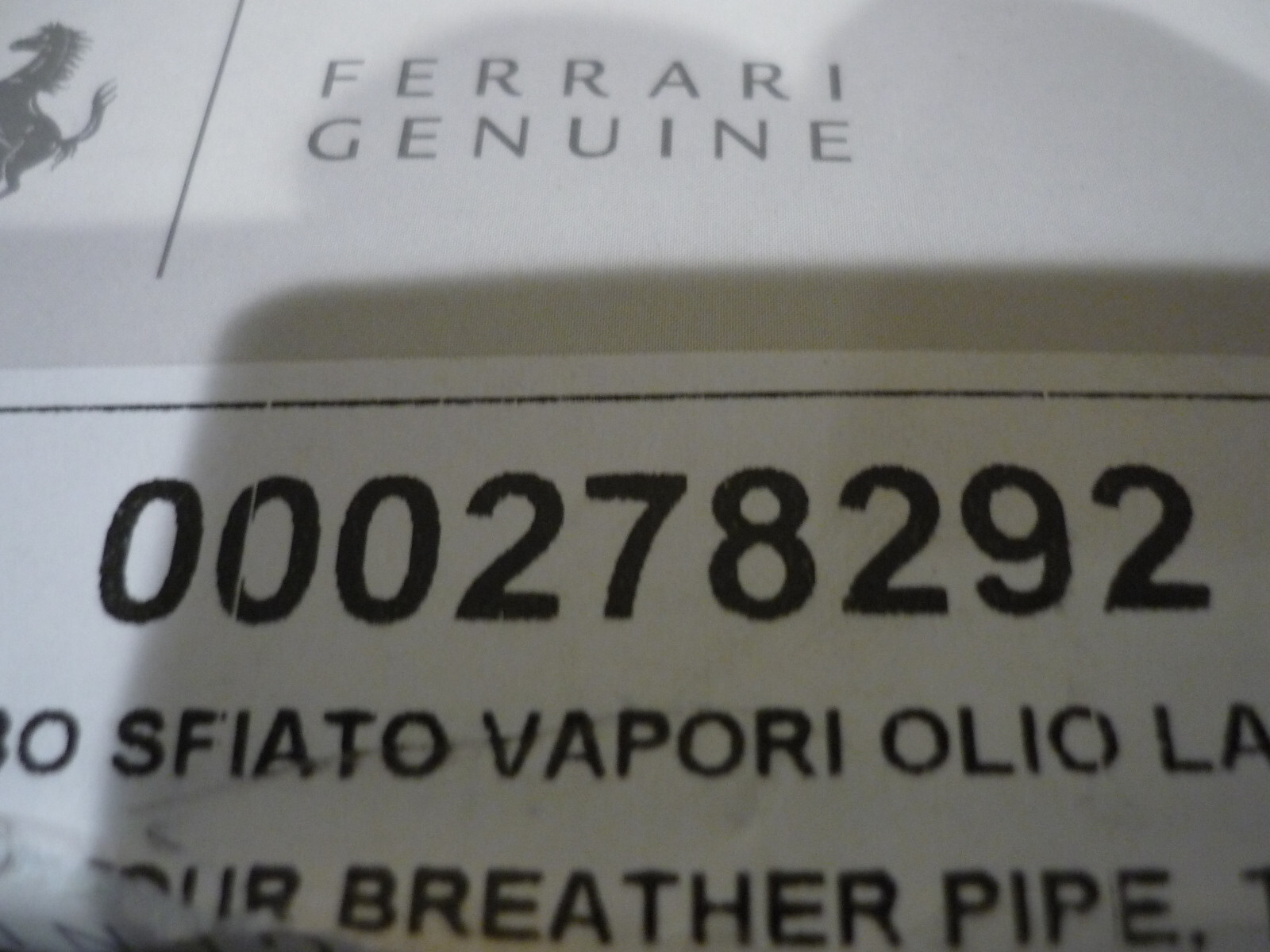 Ferrari 458 - Oil Vapor Breather Pipe/Tank Side (NEW) - P/N 278292