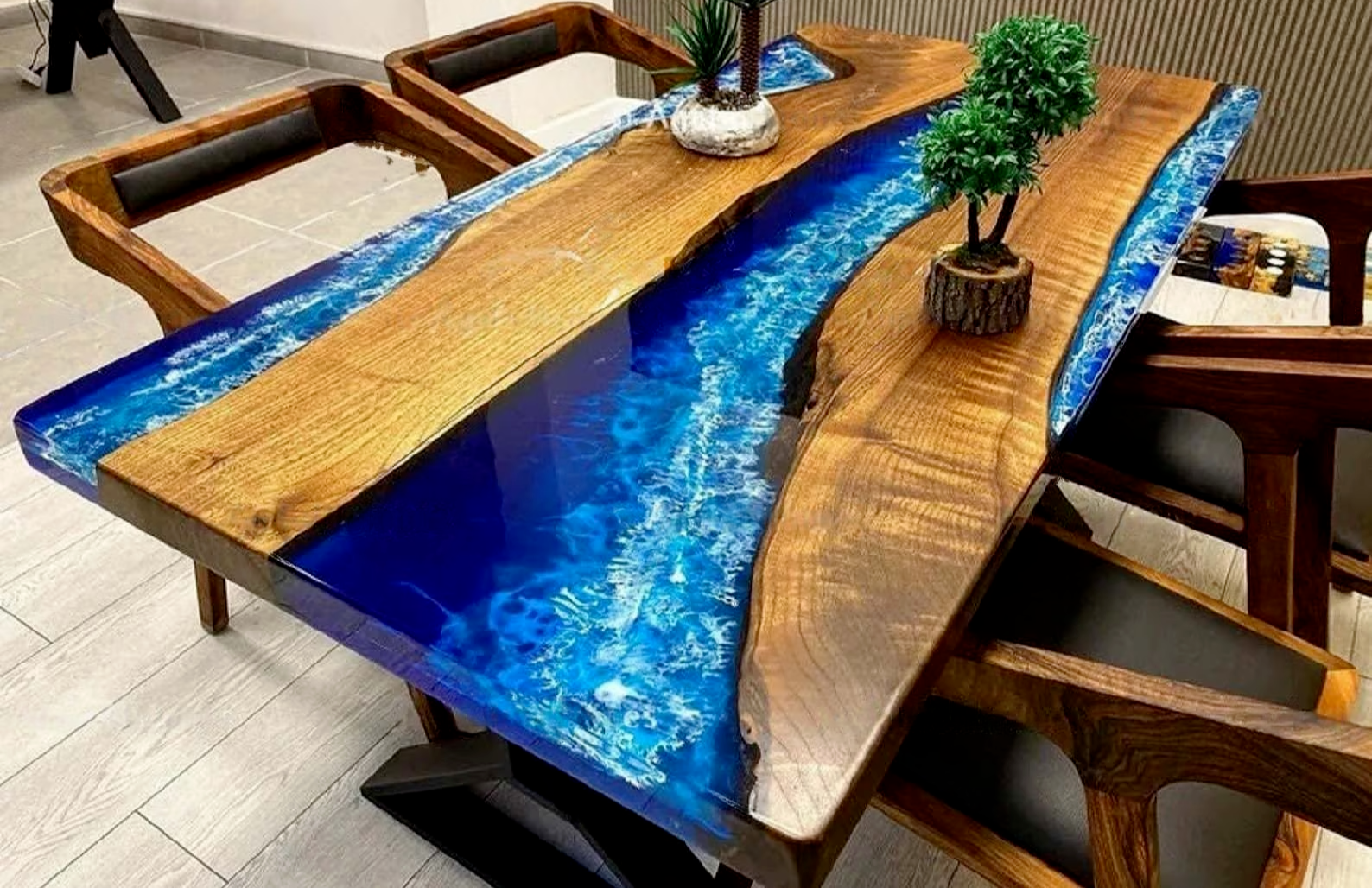 60 x 30 Handcrafted Epoxy Resin Wood Dining Table Top - Striking Live Edge Centerpiece