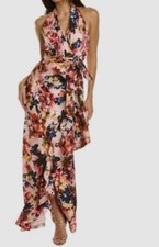 880 Badgley Mischka Women Pink Floral-Print Ruffle Wrap Halter Gown Size 16