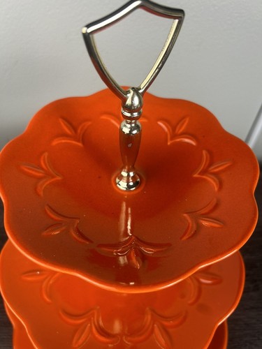 Vintage 3 Tier Tray Orange Server Tray Scalloped Edges California Pottery - Picture 4 of 10