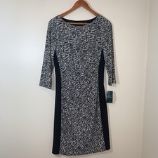 Lauren Ralph Lauren Dress Womens 12 Black White Side Ruched Career Jersey Midi