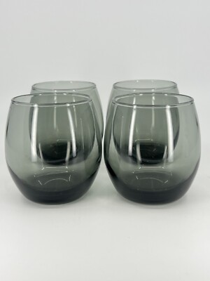 1960s set of 4 smoke gray lowball round tumblers rocks glasses barware RETRO