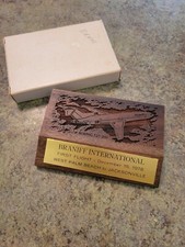 Vtg 1978 First Flight West Palm Bch to Jax BRANIFF AIRLINES Wood Paperweight NOS