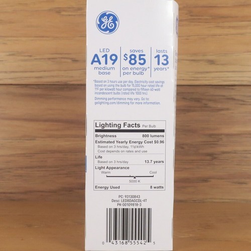 GE Classic 60 Watt Equivalent A19 Daylight LED Light Bulbs LED8DAGCDL-4T, 4 Pack - Picture 4 of 6