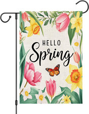 Hello Spring Floral Garden Flag 12X18 Inch Double Sided Tulip Daffodil Butterfly