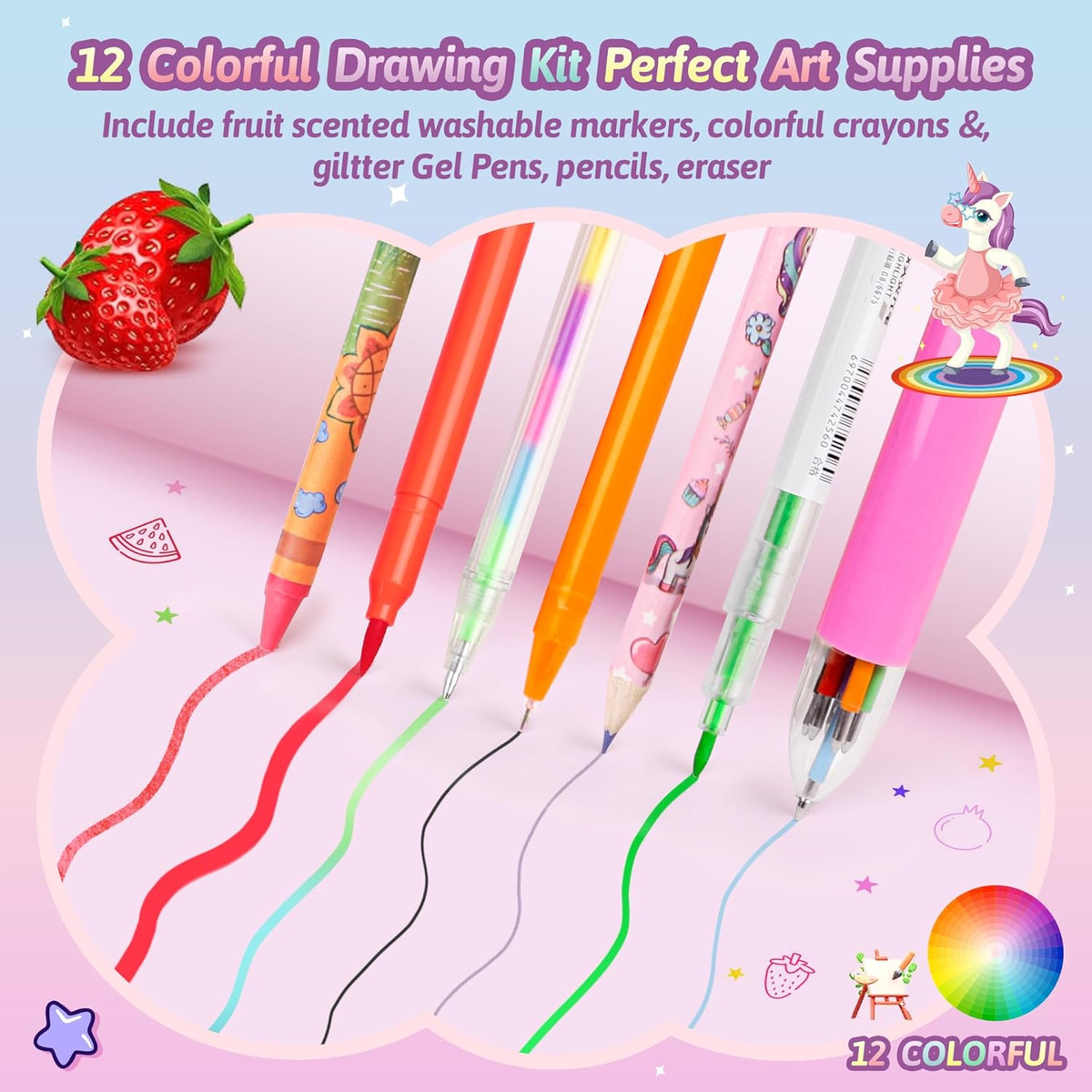 Unicorn Fruit Scented Markers Set 56 Pcs, Art Supplies for Kids 4-6-8, Arts  and