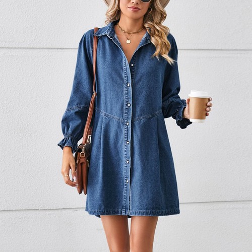 Women's Denim Dress Long Sleeve Babydoll Cute Casual Raglan Sleeve Skater Dress - Foto 1 di 37