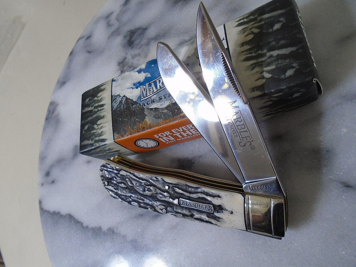Marbles Black Stag Bone Jumbo 2 Blade Trapper Pocket Knife Folder  