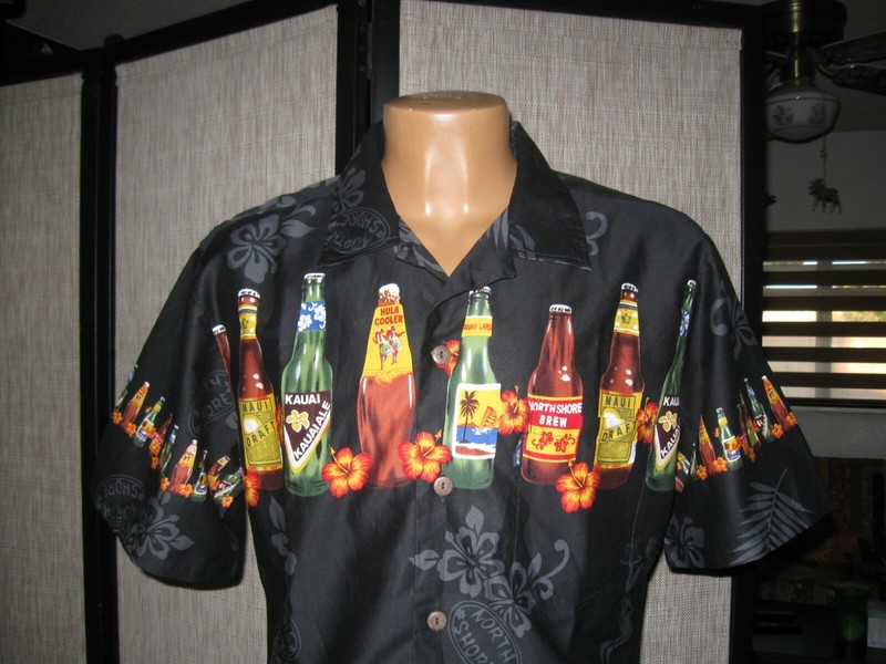 Palmwave Cotton Men's North Shore Beer Bottle S/S Aloha Shirt Medium Black Multi