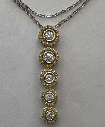Collana con ciondolo in oro bianco 14 kt 5 diamanti tondi pietra canarino 18'. - Foto 3 di 10